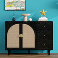 Black 2 Door 3 Drawer Rattan Cabinet, Accent Storage Cabinets with Cane Door, Stylish Boho Buffet Table with Storage,Black Rattan Cabinet Wood Credenza for Dining Room,Bathroom,Study,Kitchen