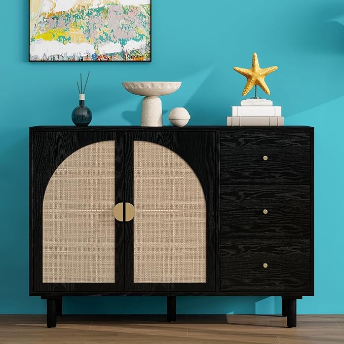 Black 2 Door 3 Drawer Rattan Cabinet, Accent Storage Cabinets with Cane Door, Stylish Boho Buffet Table with Storage,Black Rattan Cabinet Wood Credenza for Dining Room,Bathroom,Study,Kitchen