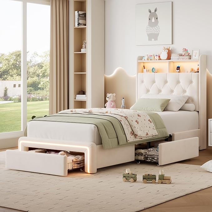 Twin LED Bed Frame with Storage Headboard & Charging Station, Velvet Fabric Platform Bed Frames with 3 Drawers, Button Tufted Upholstered, No Box Spring Needed, Beige