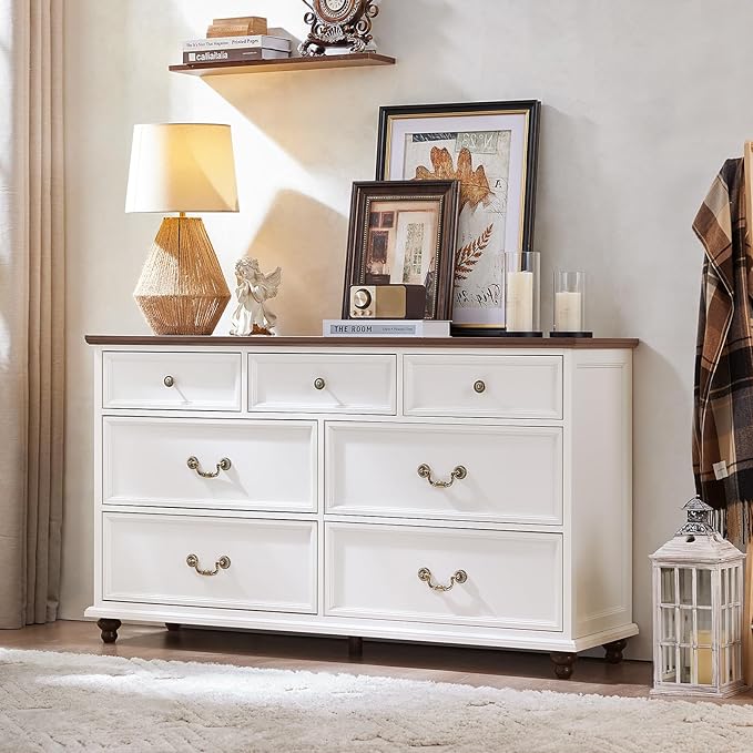 Bedroom Sets, 54" Wide 7 Drawers Dresser and 37" Tall 4 Drawers Dresser, Wooden 2 Piece Bedroom Furniture Set, Chest of Drawer for Bedroom, Home, Living Room, Hallway, White