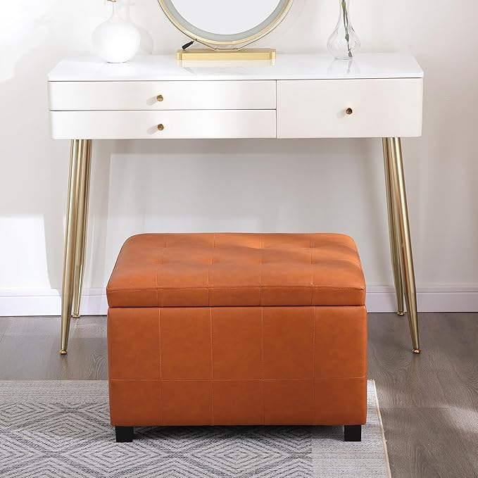 Asense Storage Ottoman Bench,Foot Stool Ottoman with Storage, Faux Leather Foot Rest Seat with Safety Hinge,Wood Legs Stool for Living Room, Bedroom,Enterway,Brown