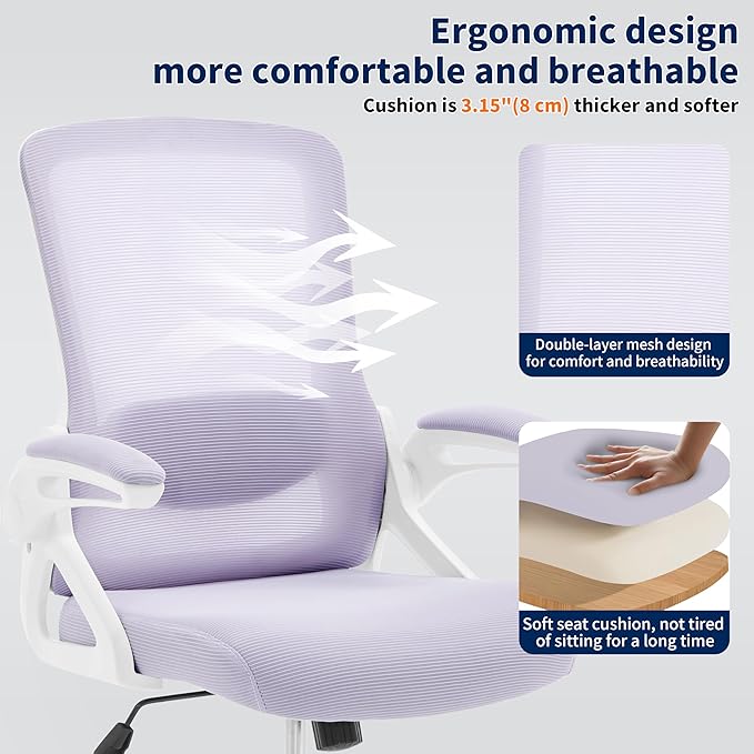 Ergonomic Office Chair, Desk Chair with Adjustable Lumbar Support, Breathable Mesh Comfy Computer Chairs with Flip-up Armrests Executive Task Chair for Adults Home Office(Lavender)