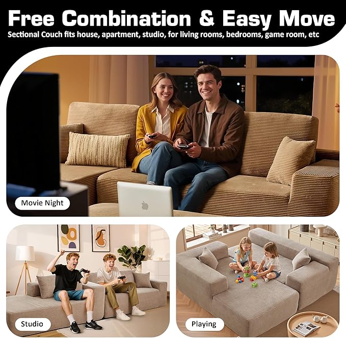 106" Cloud Sectional Couch with L-Shape Chaise & Ottoman, No Assembly Modular Sofa, Deep Seat Corduroy Boneless Couched for Living Room (Camel Stripe Corduroy, Left Facing Chaise with Ottoman)