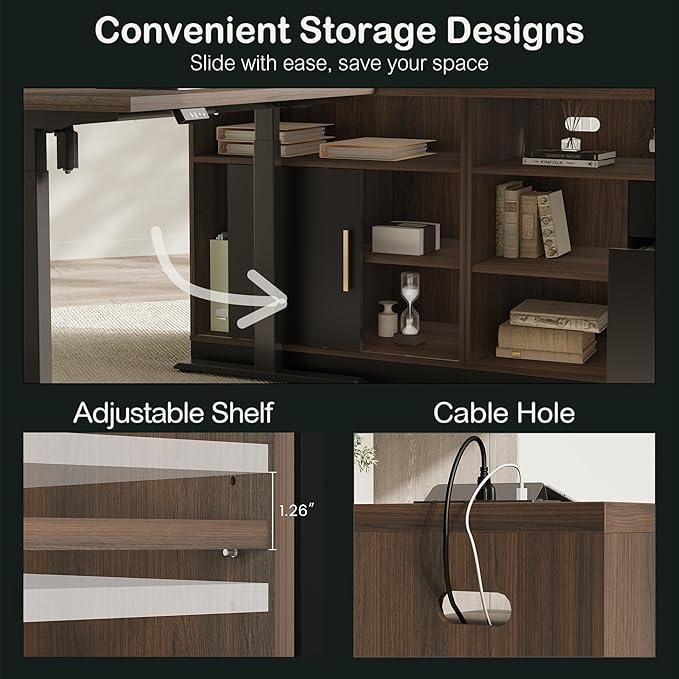67" L-Shaped Electric Standing Desk with File Cabinet, 1.18" Desktop, Adjustable Height Executive Table, Stand Up Desk with 3 Drawers Rolling Filing Cabinet, for Home and Office, Black Walnut