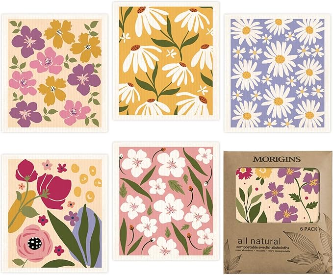 Morigins Swedish Dishcloths for Kitchen 6 Pack Flowers Cellulose Sponge Cloths Non Scratch Reusable Paper Towels No Odor, Biodegradable and Reusable Kitchen Dish Rags (Wildflowers)