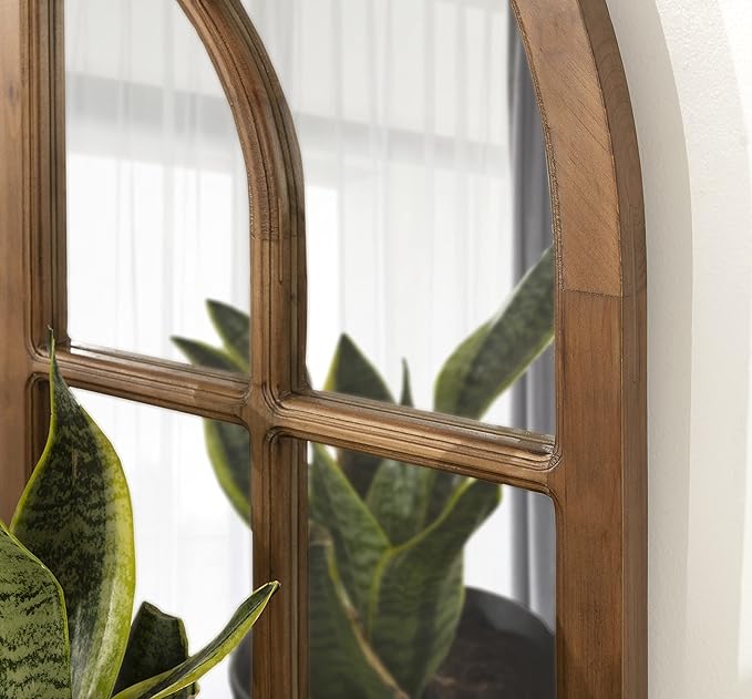 Kate and Laurel Boldmere Modern Farmhouse Wide Windowpane Arched Mirror; 30 x 29; Rustic Brown; Decorative Vintage Inspired Window Mirror for Farmhouse Wall Decor