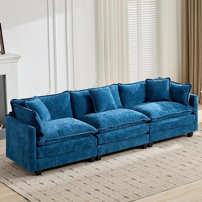 Aoowow Modular Sectional 3 Seater Cloud Sofa Couch for Living Room,Roomy Cloud Sofas with Deep Seat,Modern Chenille 3 Seat Sofas,Fluffy Cloud Couches for Bedroom,Apartment,Office (Blue, 3 Seater)