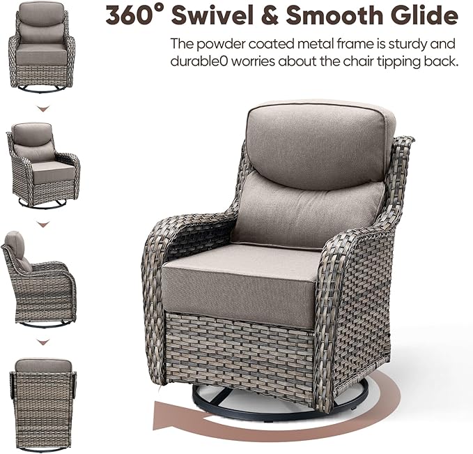 Swivel Patio Chairs sofa Set of 9 with 6" Thick Cushion - Wicker Outdoor Swivel Rocker Patio Chair ,Sofa/Glass coffee table, High Back Comfortable Outdoor Glider Chairs - Grey Wicker | Grey Cushions
