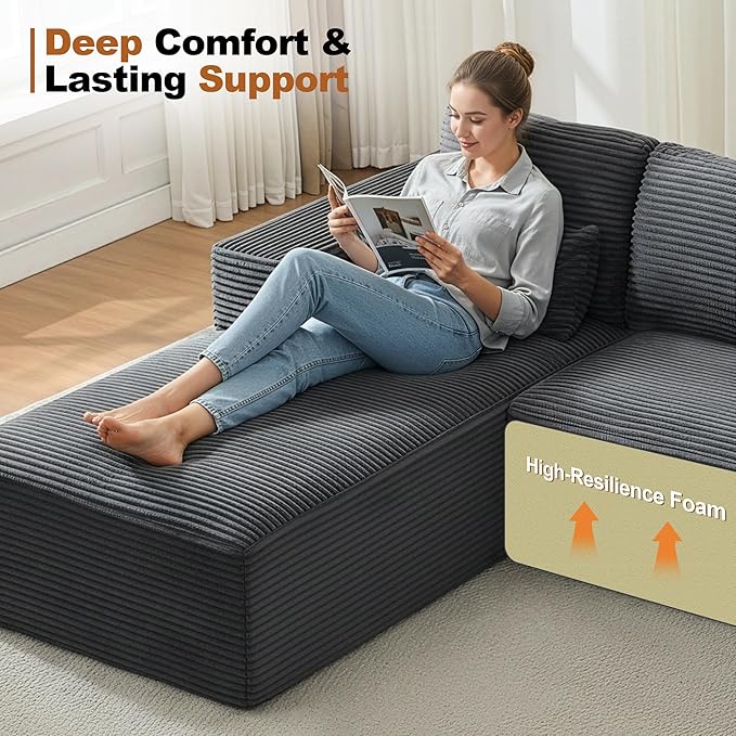 Modular Sectional Cloud Couch for Living Room,Modern Boneless Couche Set with Plush Corduroy,Comfy Floor Sofa with Memory Foam,Stupendous U Shaped Sofa,No Assembly Required,Grey