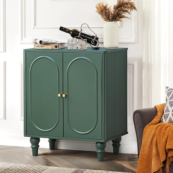 ORRD Fluted Storage Cabinet, Modern Credenza Wooden Accent Sideboard Buffet Cabinet with Adjustable Shelves and Solid Wood Legs, Console Table for Kitchen Dining Living Room Entryway, Green