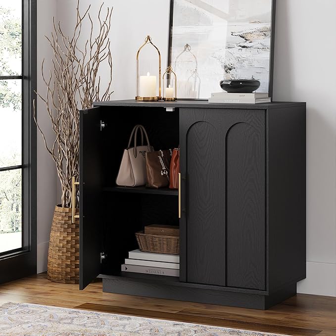 Sideboard Buffet Cabinet with Storage, Modern Accent Cabinet with Arched Doors & Shelf, 31.5" Modular Media Console, Minimalist Credenza for Living Room Kitchen Dining Room Entryway, Black