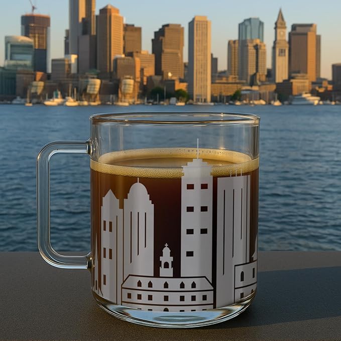 Greenline Goods – Boston, MA Skyline Glass Coffee Mugs (Set of 2), 15 oz – Etched Wrap Design