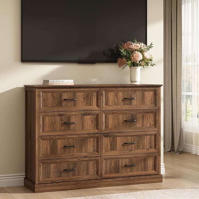 CARPETNAL Farmhouse 8 Drawer Dresser for Bedroom, 55 Inch Wide Modern Brown Dresser TV Stand with Large Drawers & Bar Handles, Rustic Wood Chest of Drawers for Bedroom, Living Room, Hallway, Entryway.