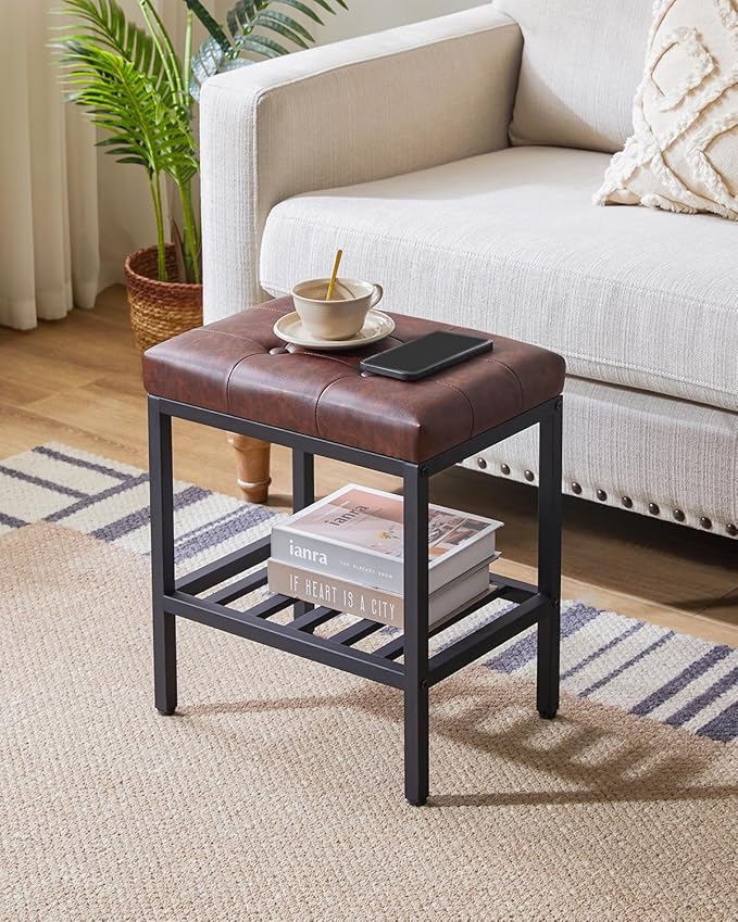IBUYKE Rectangular Makeup Stool with Adjustable Feet and Storage Space, Footrest Chair, PU Vanity Seat, Multi-Use as Small Side Table or Ottoman, for Bedroom, Dark Brown WBD017Z