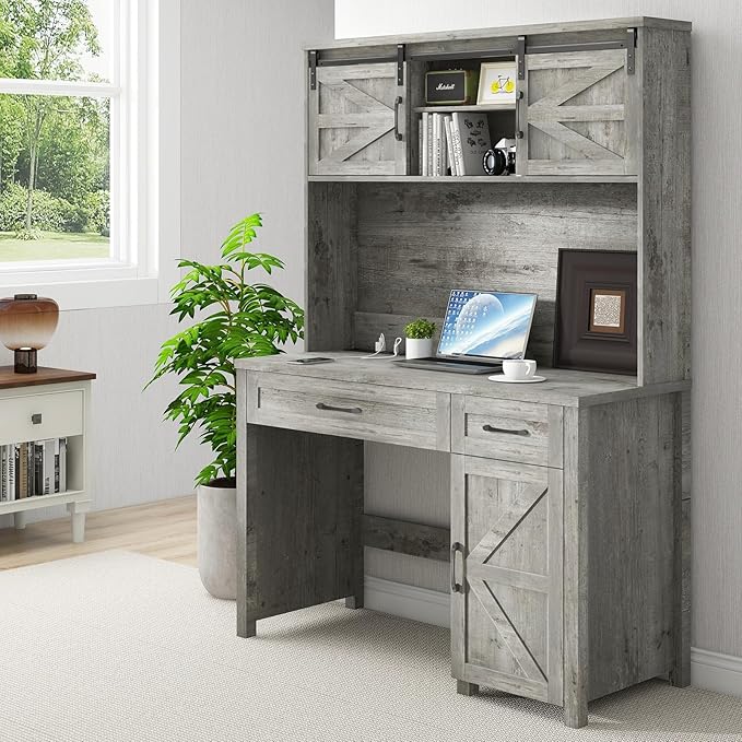 Vabches Farmhouse 47" Executive Desk, Computer Desk with Drawers and Storage Cabinet, Workstation with Hutch for Home Office