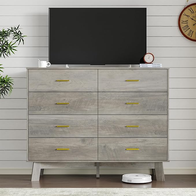 Dresser for Bedroom with 8-Drawer, 37" Tall Modern Chest of Drawers with Metal Handles, X-Shape Base & Adjustable Center Leg, Anti-Tip Closet Organizers and Storage