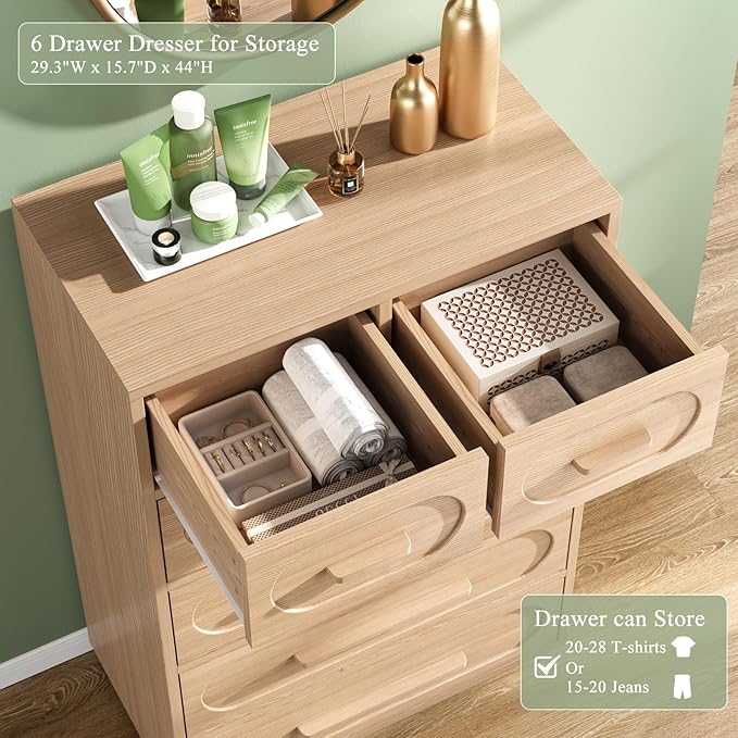 6 Drawer Dresser for Bedroom, 44" Tall Dressers & Chest of Drawers w/Solid Wood Handle, Wood Mid Century Closet Organizers and Storage Cabinet for Bedroom, Living Room, Hallway, Natural Oak