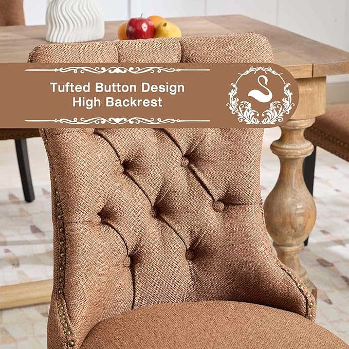 Linen Upholstered Dining Chairs Set of 8, Modern Style Kitchen Side Chairs with Nailhead Trim and Wood Leg, Metal Pulling Ring for Dining Room Living Room(Coffee,Set of 8)