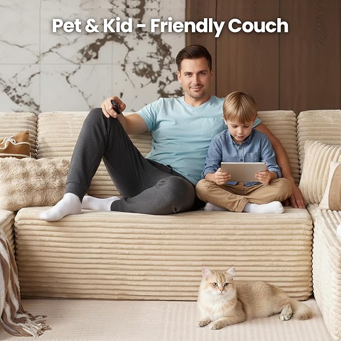 Cloud Sectional Couch with Loveseat, Boneless U-Shaped Cloud Couch with Deep Seat, Soft Plush Modern Minimalist Sofa, Assembly Free Modular Floor Sofa for Office Living Room Apartment, Beige