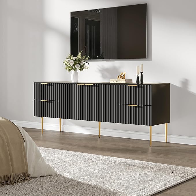 SICOTAS TV Stand for 55/60/65/70 Inch TV - 62 Inch TV Stands for Living Room Entertainment Center with 4 Drawers, Fluted Modern TV Media Console Television Cabinet for Bedroom(Black, 1 Piece)