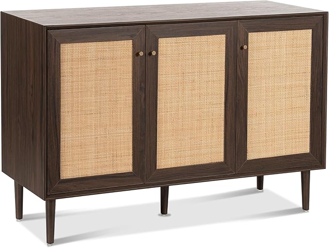 Rattan Storage Cabinet with 3 Doors, Boho Sideboard Buffet Cabinet Solid Wood Farmhouse Credenza Cabinet with Adjustable Shelves for Living Room Kitchen Entryway Hallway, Walnut