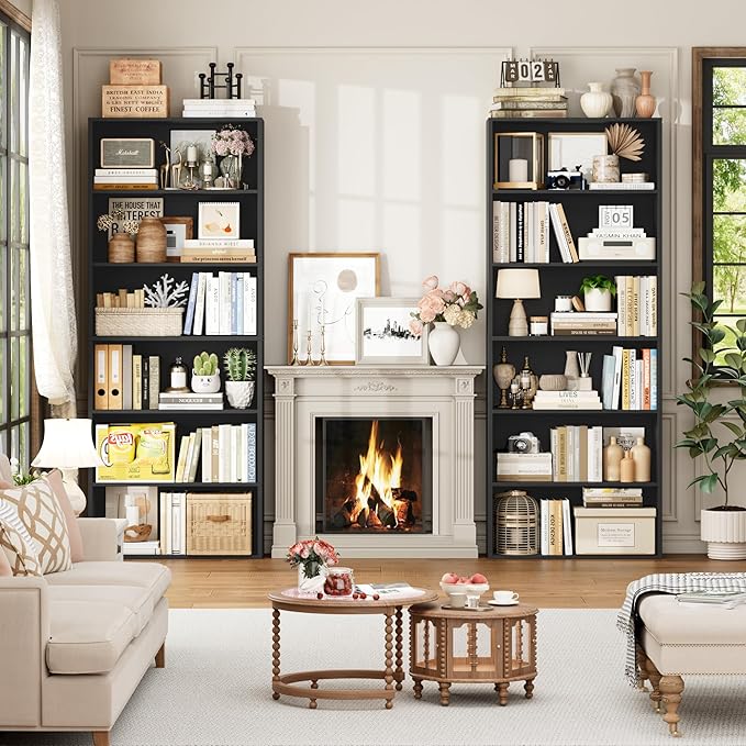 FOTOSOK 70.8" Tall Bookcase Shelf, 6 Tier Wide Bookshelf with Storage, Billy Bookcase Set of 2, Large Bookshelf for Living Room, Home Office, Black
