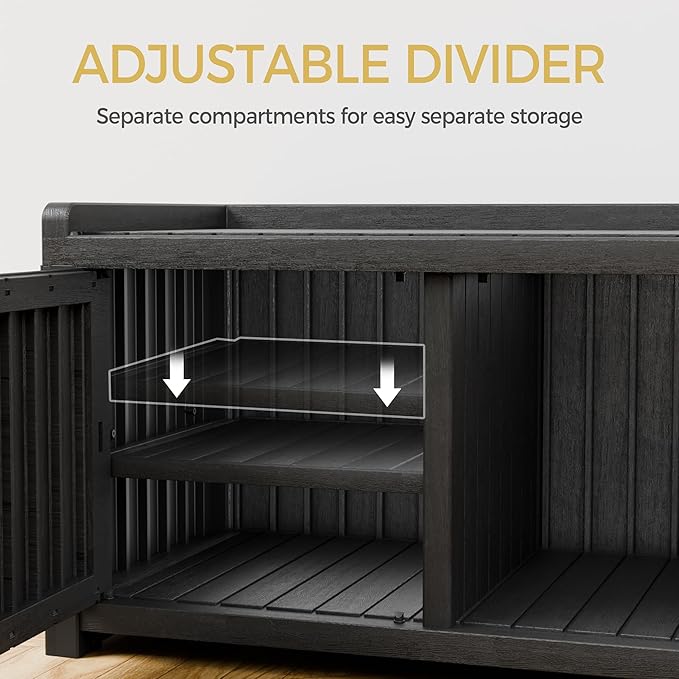 Storage Bench - 2 Doors Waterproof Resin Shoe Bench with Adjustable Shelves - Indoor & Outdoor Use, Entryway Bench with Seating for Bedroom, Living Room, Hallway - Black