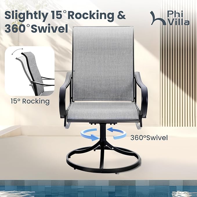 PHI VILLA Patio Swivel Dining Chairs Set of 6, Outdoor Chair with Textilene Mesh Fabric & Black Metal Frame for All Weather Outdoor Lawn Garden Poolside (Gray)