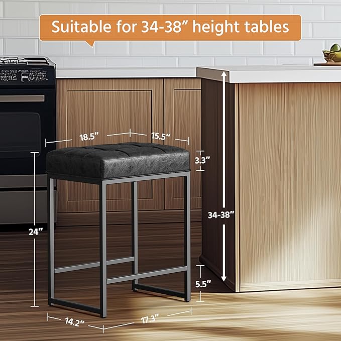 Yaheetech 24" Leather Bar Stools Set of 4, Kitchen Counter Height Bar Chairs Stools, for Kitchen Island, Dining Room, Black