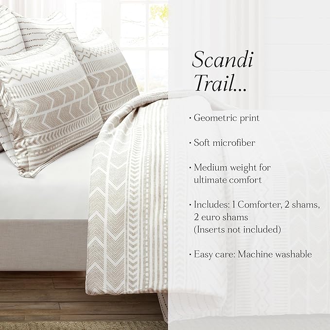 Lush Decor Hygge Geo Reversible 5 Piece Comforter Set, Full/Queen, Taupe & White
