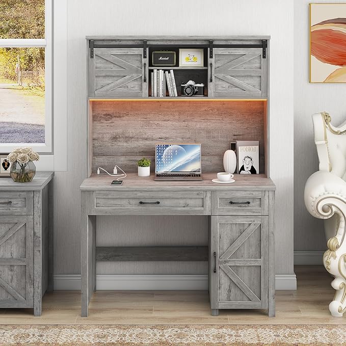 Vabches Farmhouse 47" Executive Desk, Computer Desk with 2 Drawers, LED Light and Storage Cabinet, Home Office Desk with Hutch, Charging Hub, Workstation for Home Office and Study.Grey