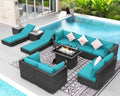 NICESOUL 13 Piece Outdoor Seating with Firepit, Comfortable Cozy Backyard Furniture with Fire Table and Lounge Chair, Modular Sectional Patio Sofas 500lbs Heavyduty with 10-Seat Group, Gray&Turquoise