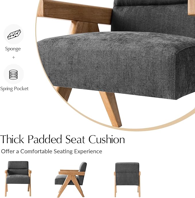 HULALA HOME Modern Accent Chair, Upholstered Arm Chair with Solid Wood Frame, Comfortable Padded Seat and Back, for Living Room, Bedroom Set of 2, Charcoal