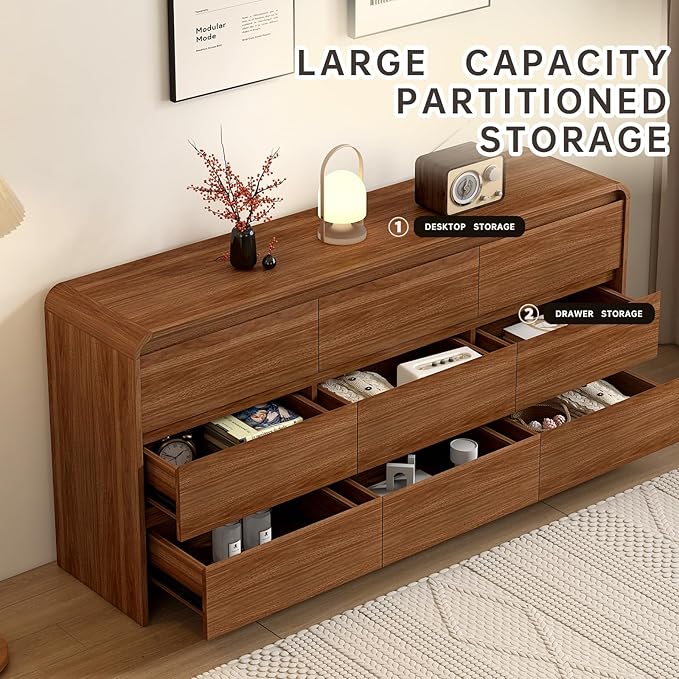 9 Drawer Dresser For Bedroom 63 Inch Wooded Chest of Drawers - Curved Anti Collision, Mid Century Dresser For Closet with Natural Texture & Pre-Embedded Slots for TV Stand, Living Room, Hallway
