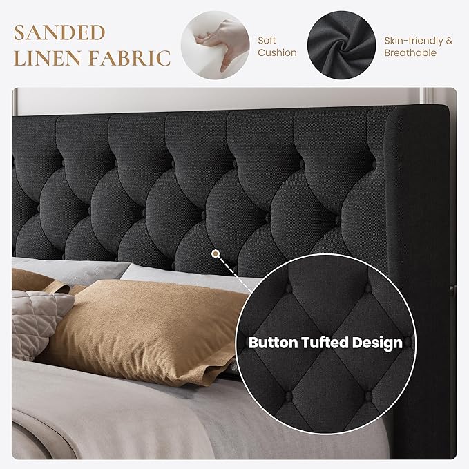 SHA CERLIN Full Size Platform Bed Frame with Upholstered Headboard and Wingback, Button Tufted Design, Easy Assembly, No Box Spring Needed, Black