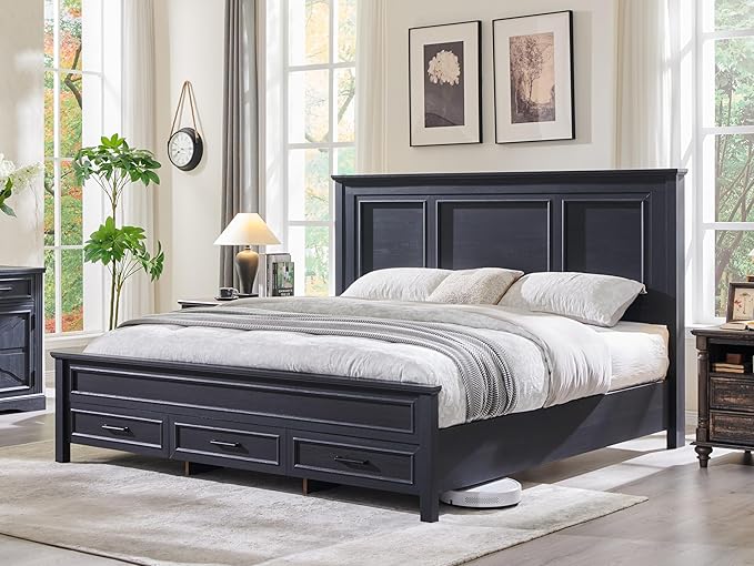 ACCOHOHO Farmhouse Queen Size Bed Frame with 52" Tall Headboard, Wood Platform Bedframe with Footboard and Storage Drawers, No Squeak, No Box Spring Needed, Black