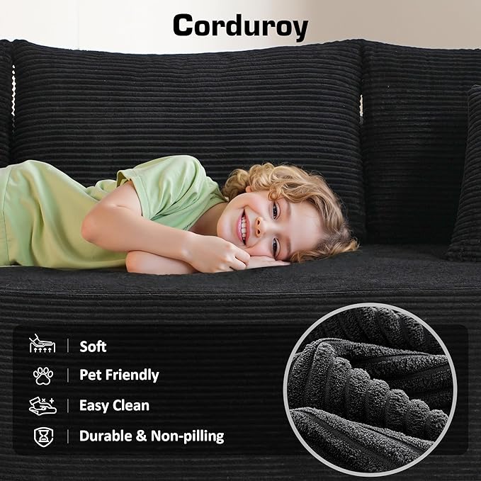 106" Cloud Sectional Couch with Chaise Lounge,L Shaped Modular Modern Sofa,Comfy Corduroy Fluffy Sofa with Deep Seat,No Assembly Required Couch for Living Room(Right,Stripe Corduroy,Black)