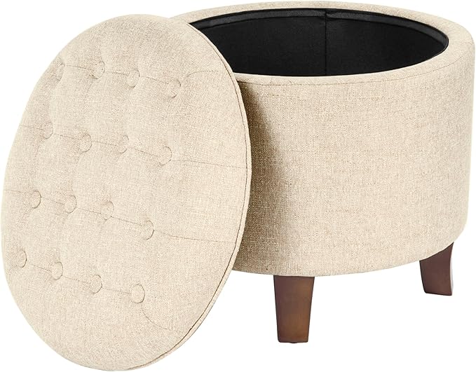 Homepop Home Decor Upholstered Round Tufted Foot Rest Ottoman Ottoman with Storage for Living Room & Bedroom Decorative Home Furniture, Twine Small