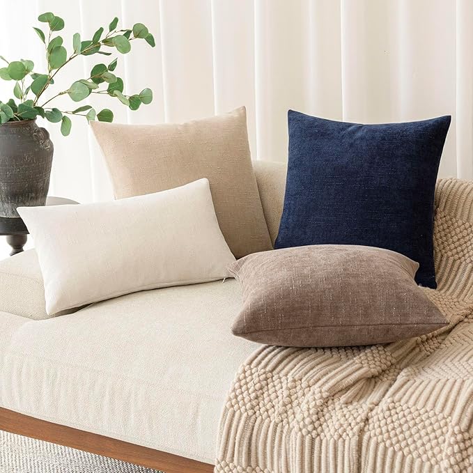 Foindtower Pack of 2 Soft Textured Chenille Throw Decorative Pillow Covers Square Accent Solid Cushion Cover Cozy Farmhouse Pillow Case with Zipper for Couch Sofa Bedroom Living Room 26x26 Inch, Taupe