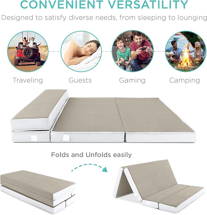 Best Choice Products 4in Portable Queen-Size Mattress, Tri-Fold Mattress for Camping, Guest, Toddler, Foam Plush w/Carry Case - Taupe