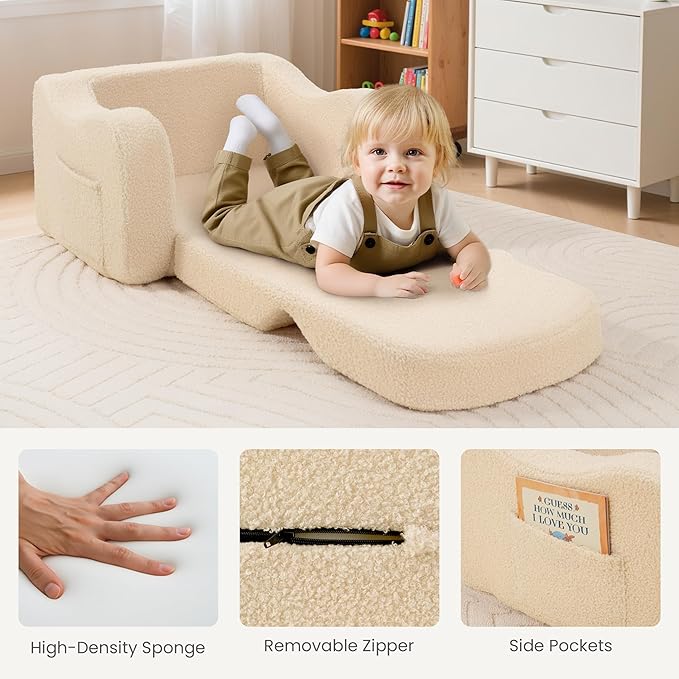 Comfy Toddler Chair & Kids, 2-in-1 Soft Couch Fold Out for Kids, Toddler Chairs Comfy 1-3 Years Old, Convertible Plush Sofa to Lounger for Girls and Boys, Beige
