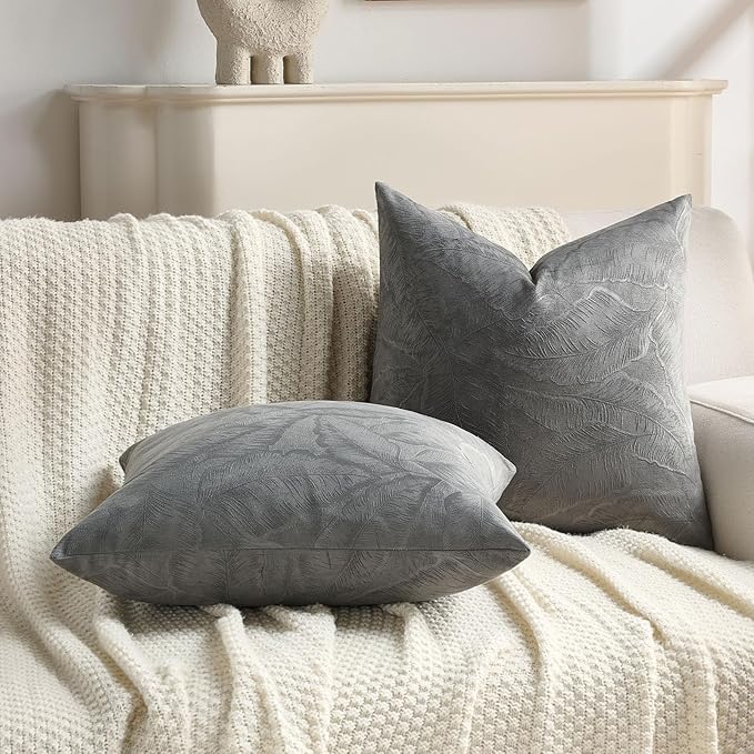 FUTEI Dark Grey Velvet Throw Pillow Covers 12x20 Inch Set of 2,Soft Embossed Leaf-Relief Textured Lumbar Pillow Cases,Natural Home Decor for Couch Living Room
