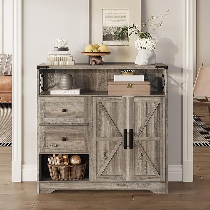 Fameill Farmhouse Storage Cabinet with Drawers and Open Storage,Freestanding Kitchen Pantry with 2 Barn Doors, Floor Cabinet with Adjustable Shelf for Living Room,Grey