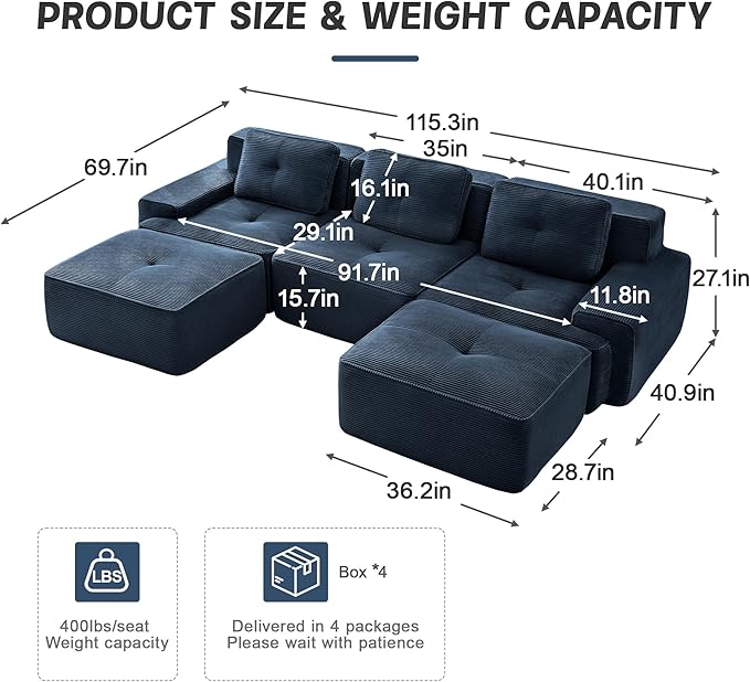 115.3” Blue Boneless Couches for Living Room, Modular Sectional Sofa with U-Shape Chaise, 3 Seater Comfy Upholstered Deep Seat Corduroy Fabric Cloud Couch No Assembly, Anti-Slip Design