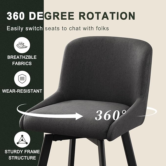 Swivel Counter Height Bar Stools Set of 2, 30''H Upholstered Barstools with Backs, Modern Bar Stool Chairs for Kitchen Island, Metal Legs, Fabric, Black Grey Stools Counter Chair