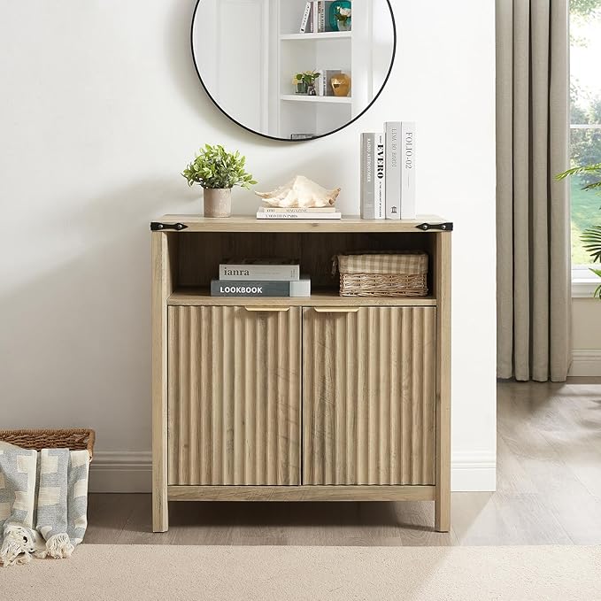 Buffet Cabinet with Storage - Modern Farmhouse Rustic 32 Fluted Sideboard Storage Cabinet Buffet with Adjustable Shelves, Coffee Wine Bar Organizer for Dining Room (Sunwashed Ash Oak)