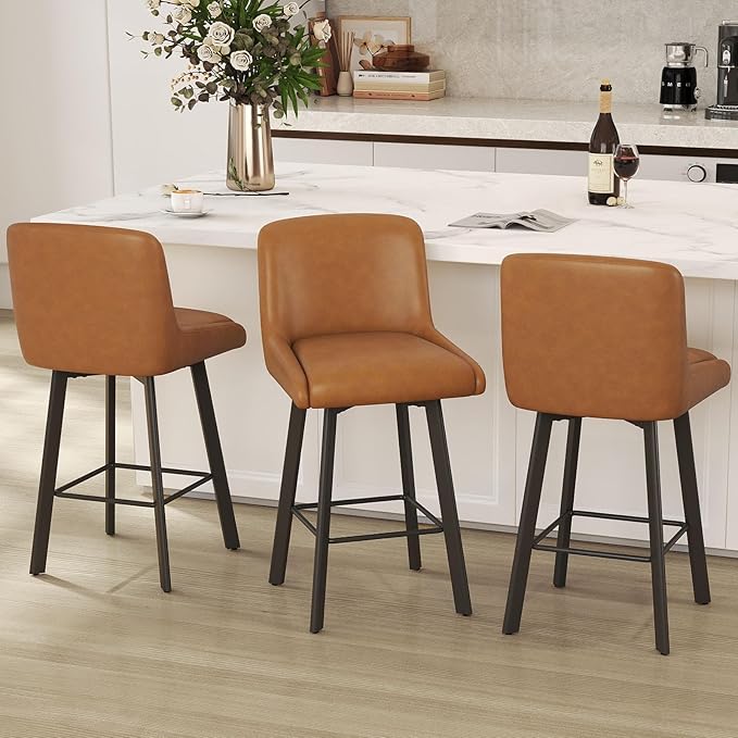 Swivel Counter Height Bar Stools Set of 2, 26''H Upholstered Barstools with Backs, Modern Bar Stool Chairs for Kitchen Island, Metal Legs, Faux Leather, Whiskey Brown Stools Counter Chair