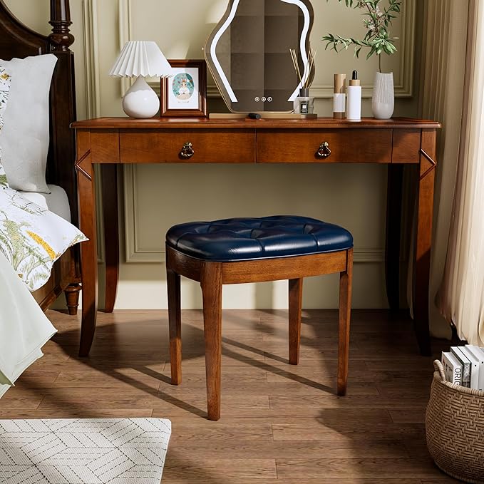 MODERION Vanity Bench Stool with Upholstered, Modern Luxury Wood Stool ,Ottoman Shoe Bench for Living Room, Vanity, Entryway, 19.3"L x 14.9"W x 19.3"H Easy Assembly, Beeswax Leg & Blue Seat FD-HNY-BL