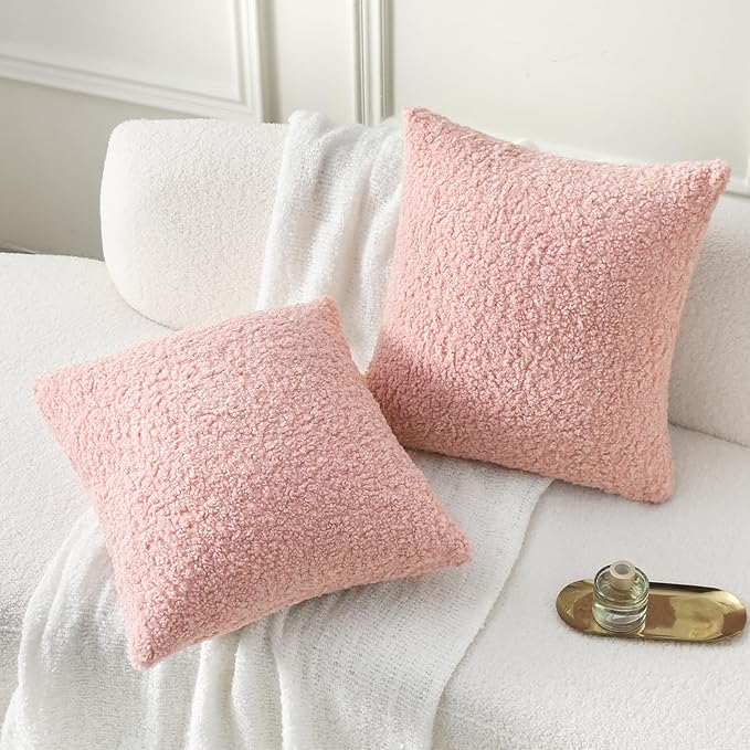 FUTEI Pink Throw Pillow Covers 24x24 Inch Set of 2,Furry Faux Fur Teddy Boucle Textured Cushion Covers,Soft Fluffy European Pillow Shams,Home Decor for Couch Bed Living Room Office Car