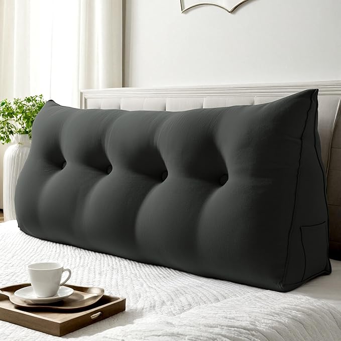 WOWMAX 85% Linen 15% Cotton Blend Headboard Pillow – Full Size Reading Wedge Backrest for Bed, Handmade Firm Support Bolster Cushion with Removable Cover, Premium Bed Rest Pillow, Black